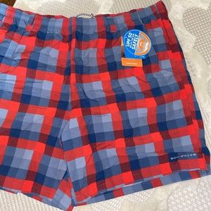 Men’s Red and Blue Plaid Columbia Swim shorts